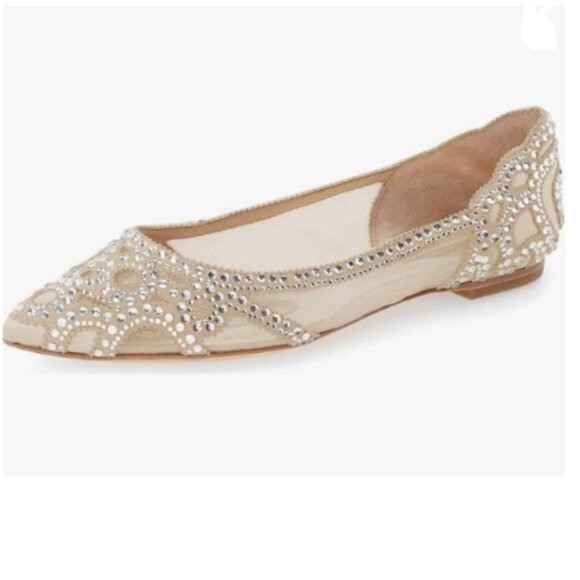 XYD Tan Elegant Pointed Toe Rhinestone Flats Mesh Slip-on Crystals Wedding Shoes - Picture 1 of 8